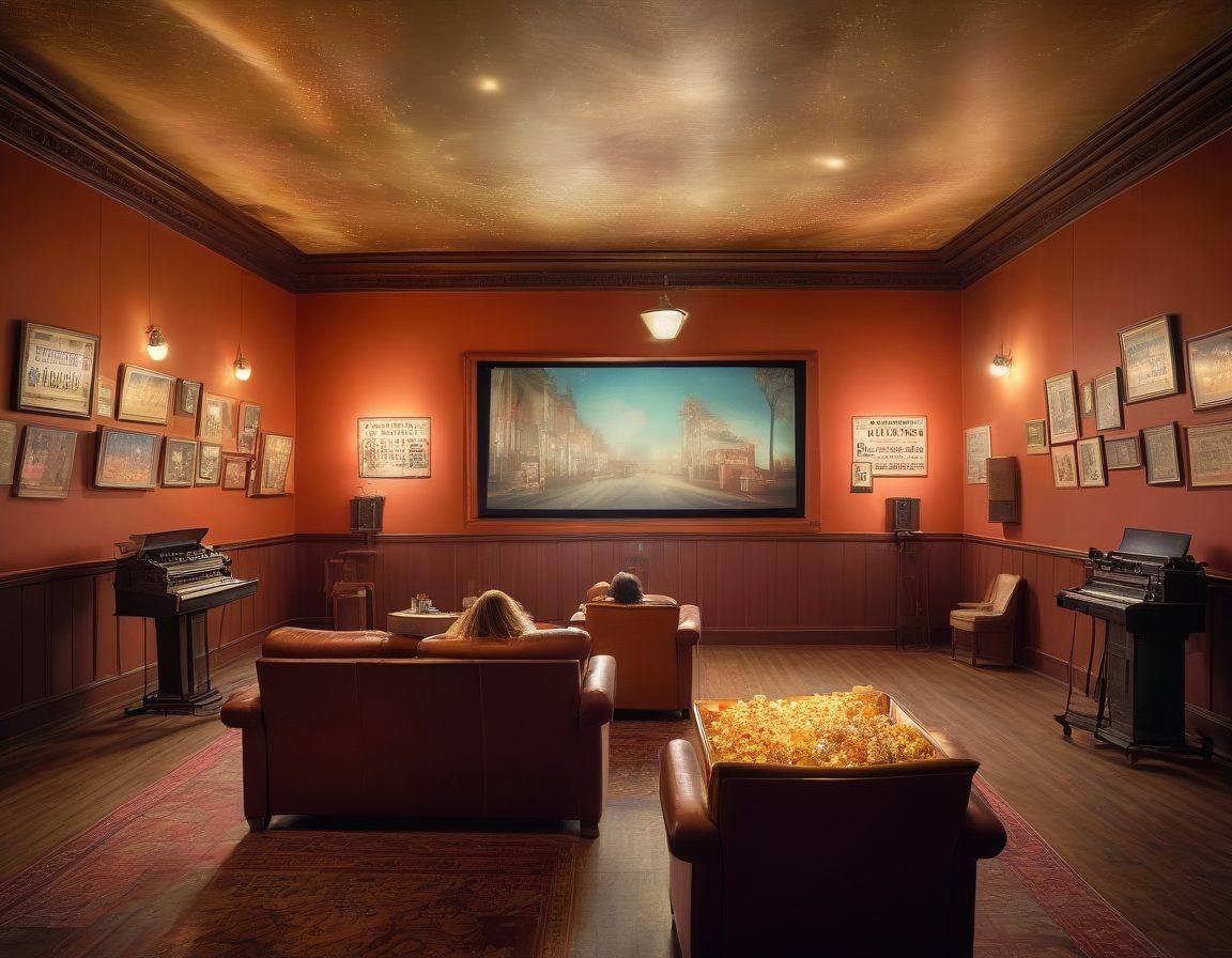 A whimsical scene featuring an antique cinema filled with faded movie posters of iconic romantic films, soft glowing lights casting a warm ambiance. In the foreground, a couple sharing popcorn, surrounded by film reels and vintage cameras. A dust moted beam of light illuminates a heart-shaped projection on the screen. The atmosphere is dreamy and nostalgic, evoking a sense of lost love and cinematic magic. vintage art, warm colors, soft focus.