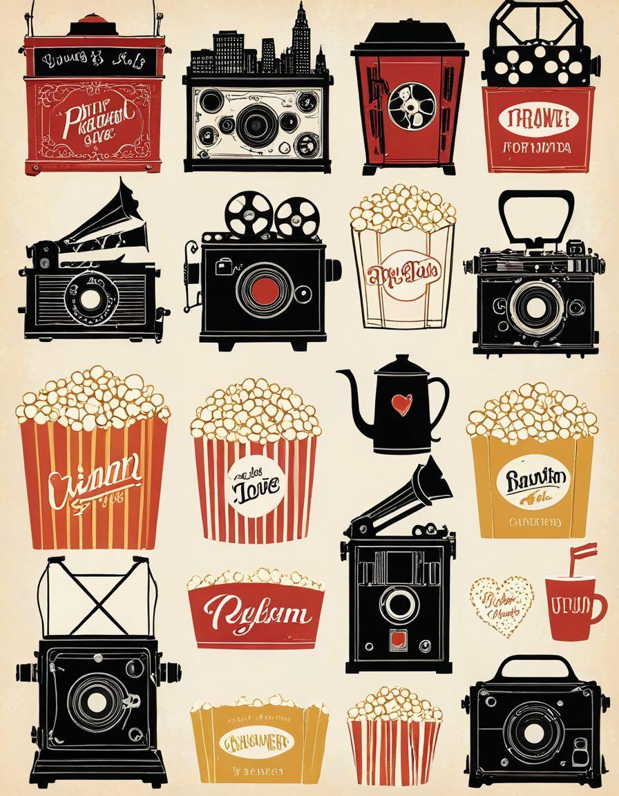 A cinematic collage featuring iconic indie films and forgotten romantic dramas, intertwined with film reels and heart motifs. Include vintage cinema elements like popcorn and a film projector, bathed in soft, warm lighting to evoke nostalgia. Add characters expressing various emotions of love and longing, surrounded by a dreamy cityscape backdrop. vintage style. warm colors. whimsical.