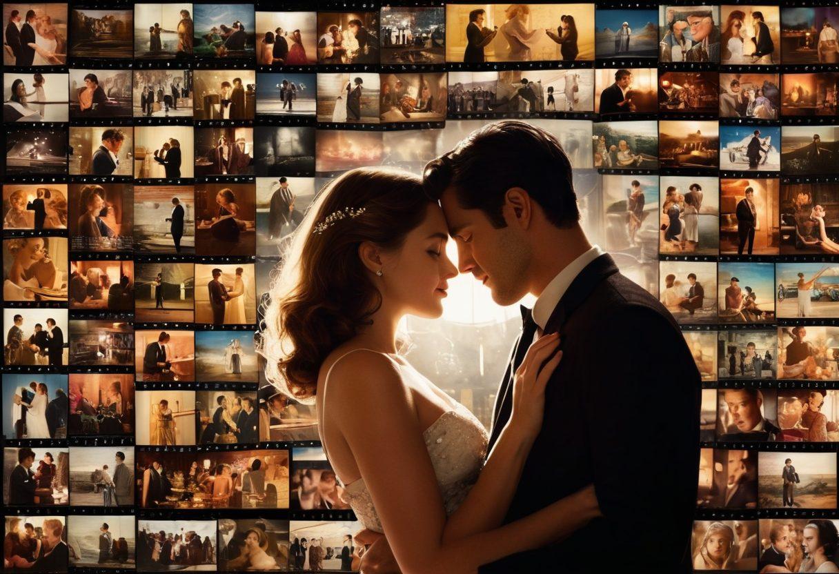 A romantic montage showcasing iconic film scenes of couples embracing, interwoven with hidden gems like vintage film reels and scripts. Use contrasting light and shadow to evoke emotion and suggest depth in storytelling, with a lush, dreamy background of a cinema screen displaying heartwarming moments. Incorporate elements that signify critique, such as pens and notebooks scattered around, symbolizing analysis. super-realistic. vibrant colors. cinematic atmosphere.